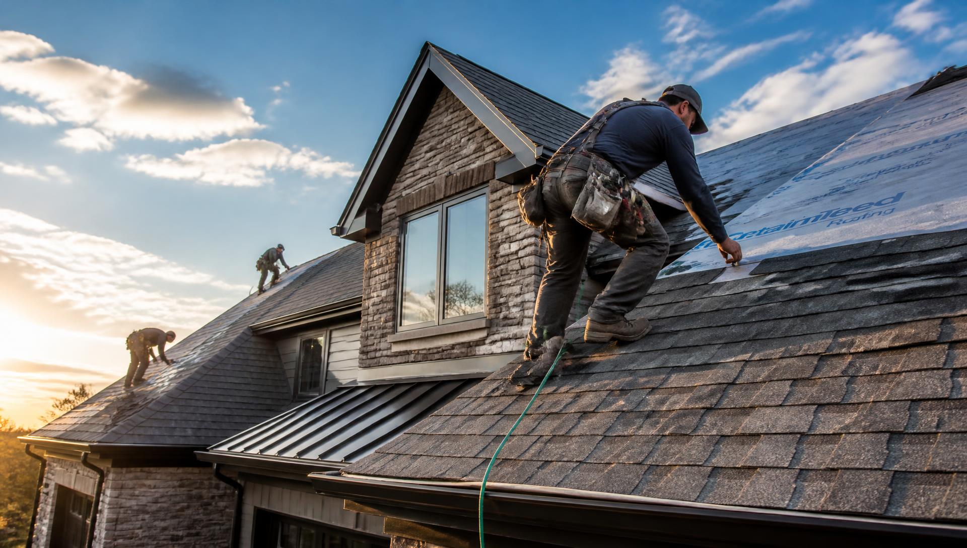Roofing crew installing a new shingle roof at sunset